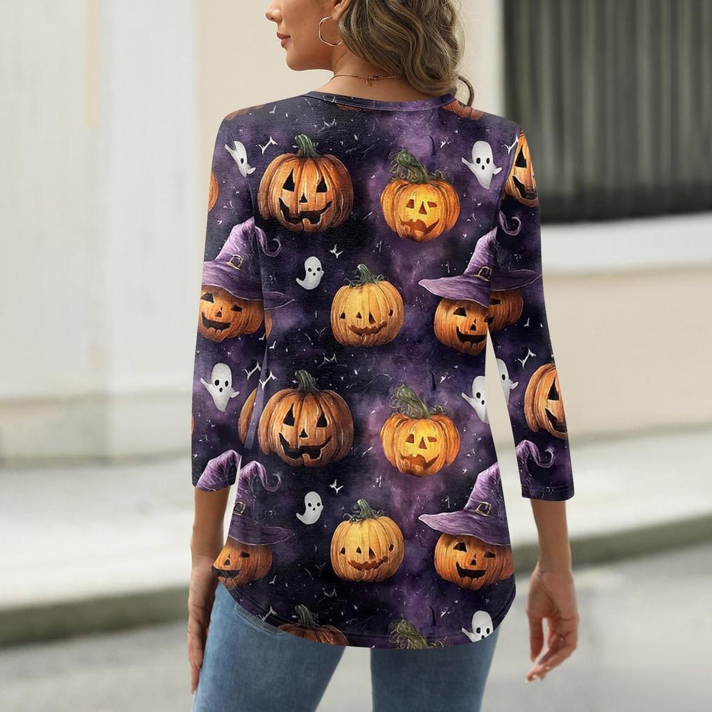 Top T-shirt da donna con scollo a V, bottoni, maniche a tre quarti, per Halloween