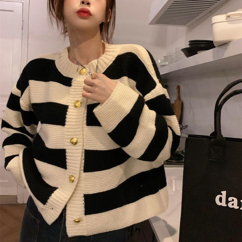 Spring Autumn Winter Women's Lazy-Style Sweet Striped Cardigan Knit Sweater Coat: Loose Versatile Outerwear