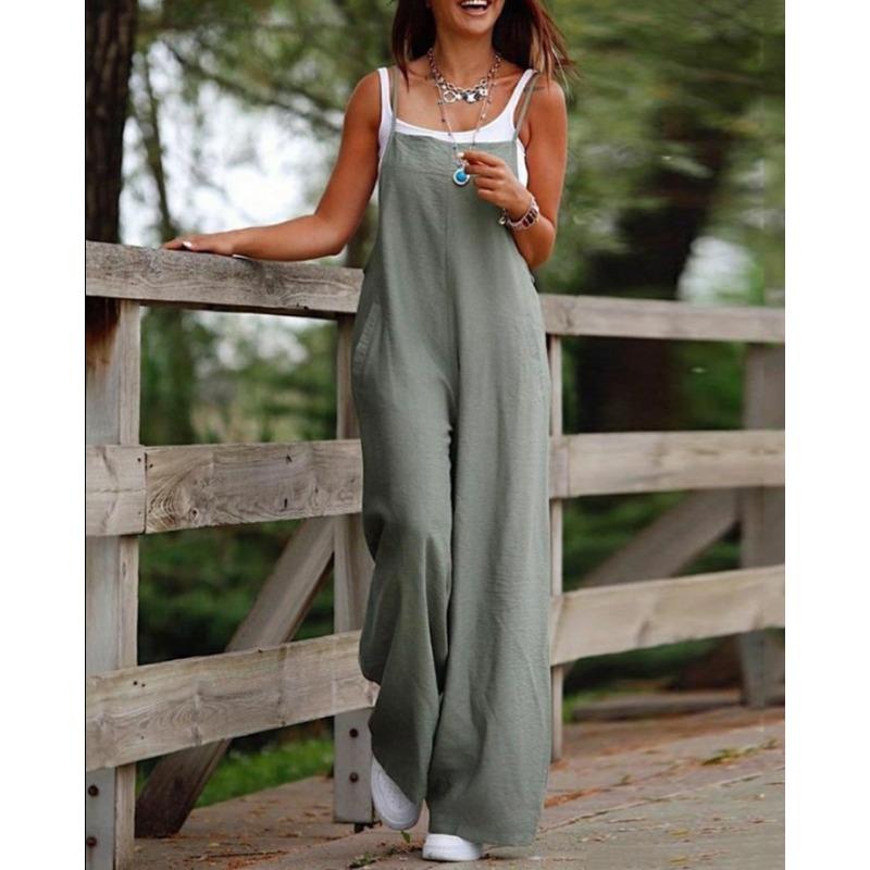 women s Casual Solid Spaghetti Strap Wide Leg Long Overalls Jumpsuit with Pockets S