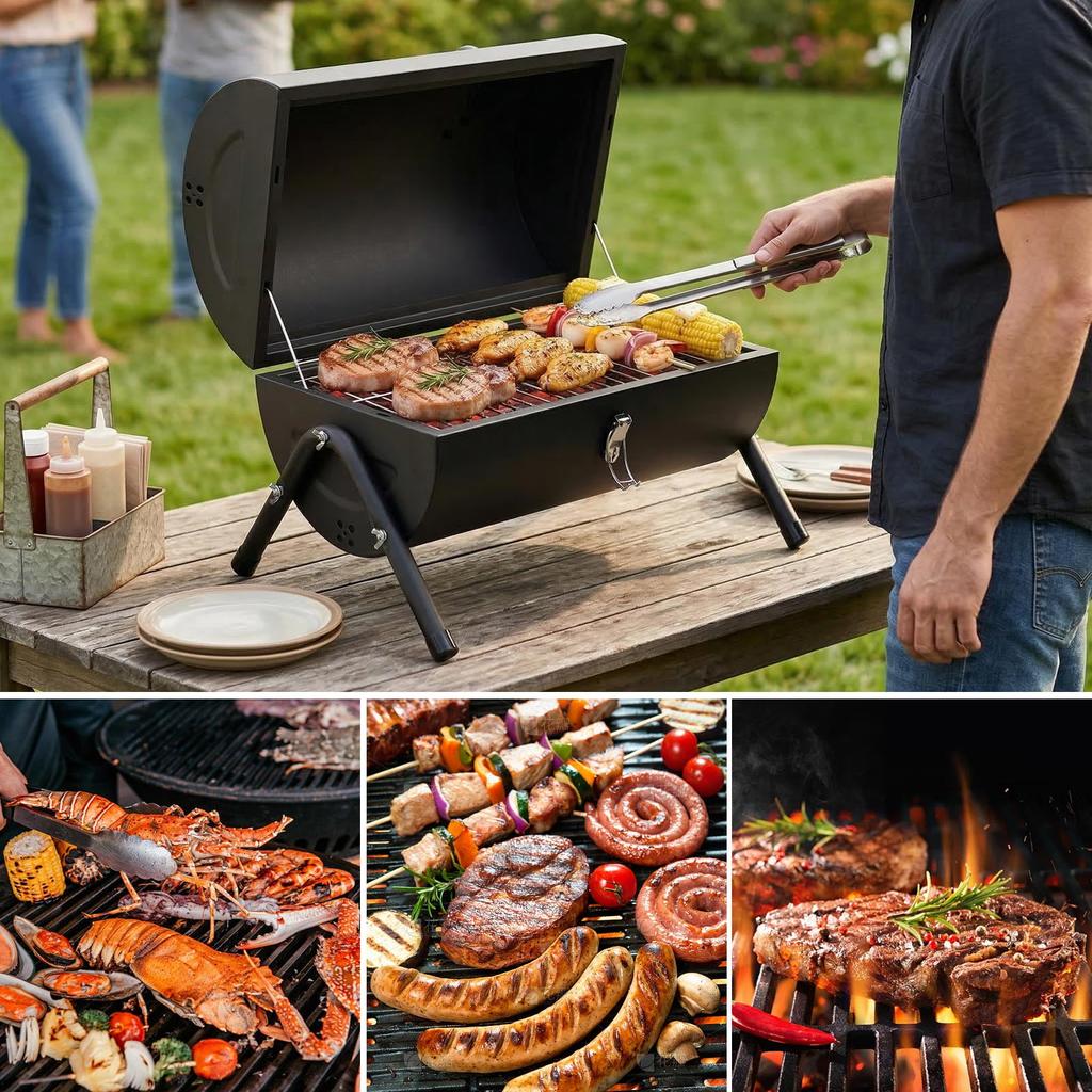 Portable Charcoal Grill, Double-Sided Tabletop Small BBQ Grill Barbecue Smoker