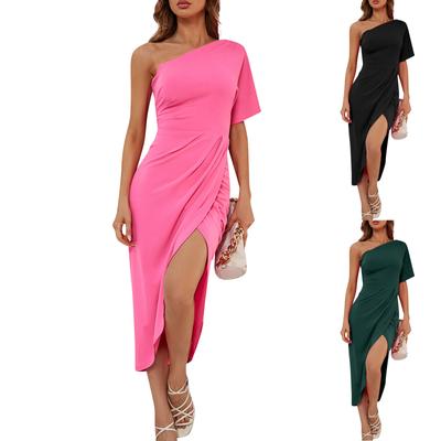 Women's Summer Solid Color Hot  One Shoulder Sexy Irregular Dresses
