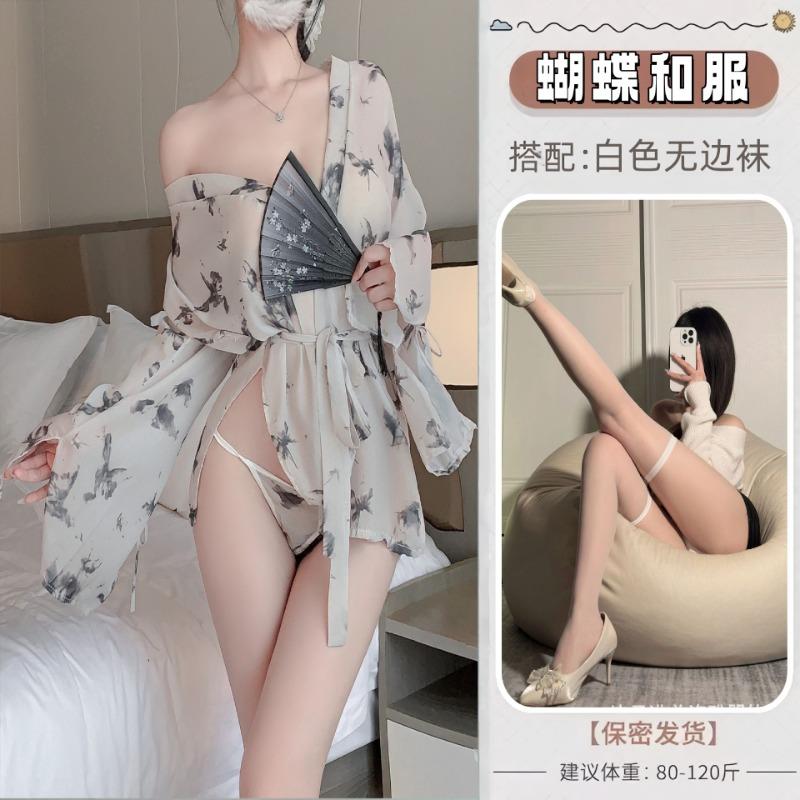 Sexy Lingerie Pure Desire Butterfly Print Kimono Perspective Bathrobe Uniform Set Free Pajamas Temptation Qqny