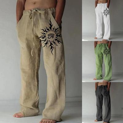 Lose, lässige, einfarbige Baumwoll-Leinen-Hose für Herren, elastische Krawatte, bedruckte gerade Hose