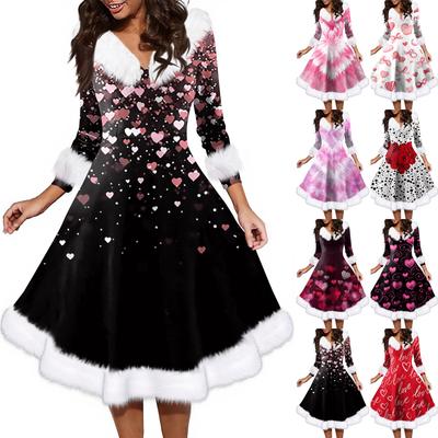 Damenmode V-Ausschnitt Casual Fit Weihnachtsdruck Party Langarmkleid