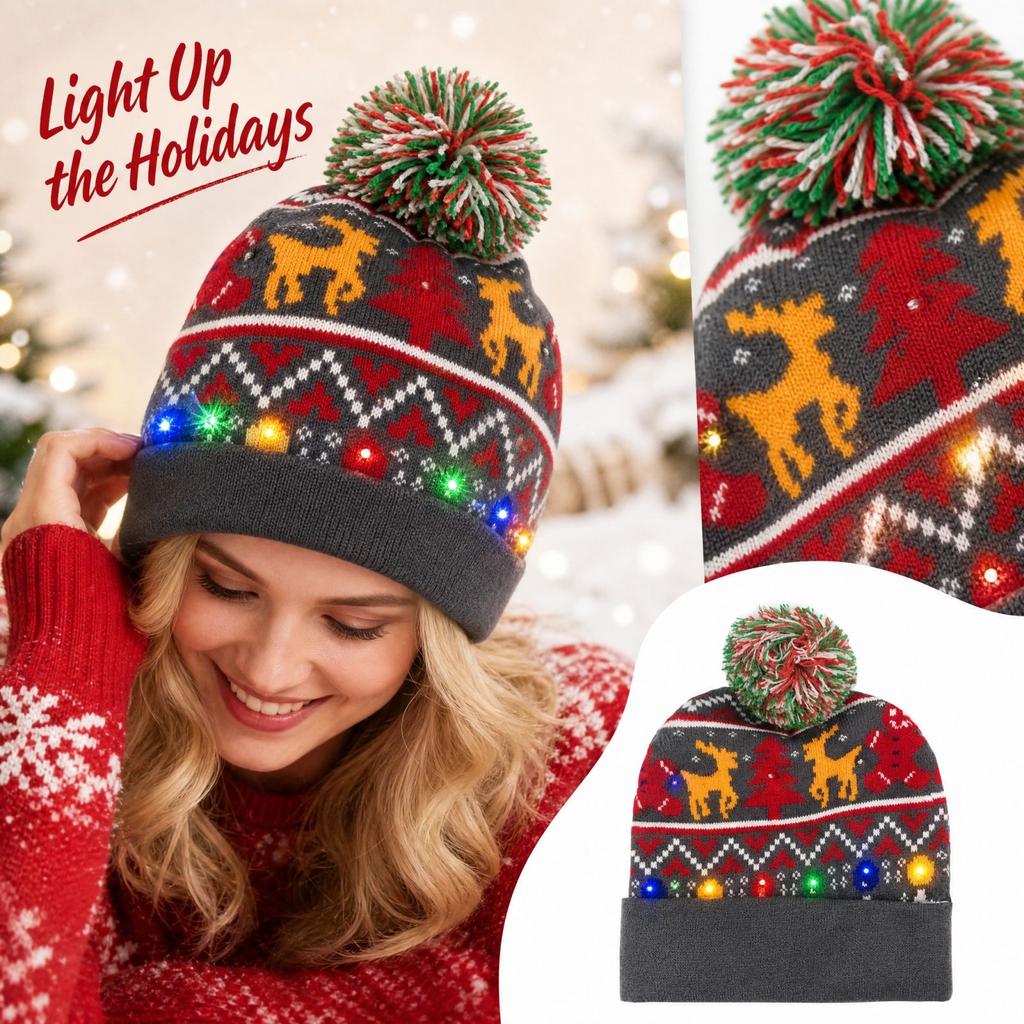 Women's Christmas Light-Up Knit with Design, Multicolor Glowing Winter Hat