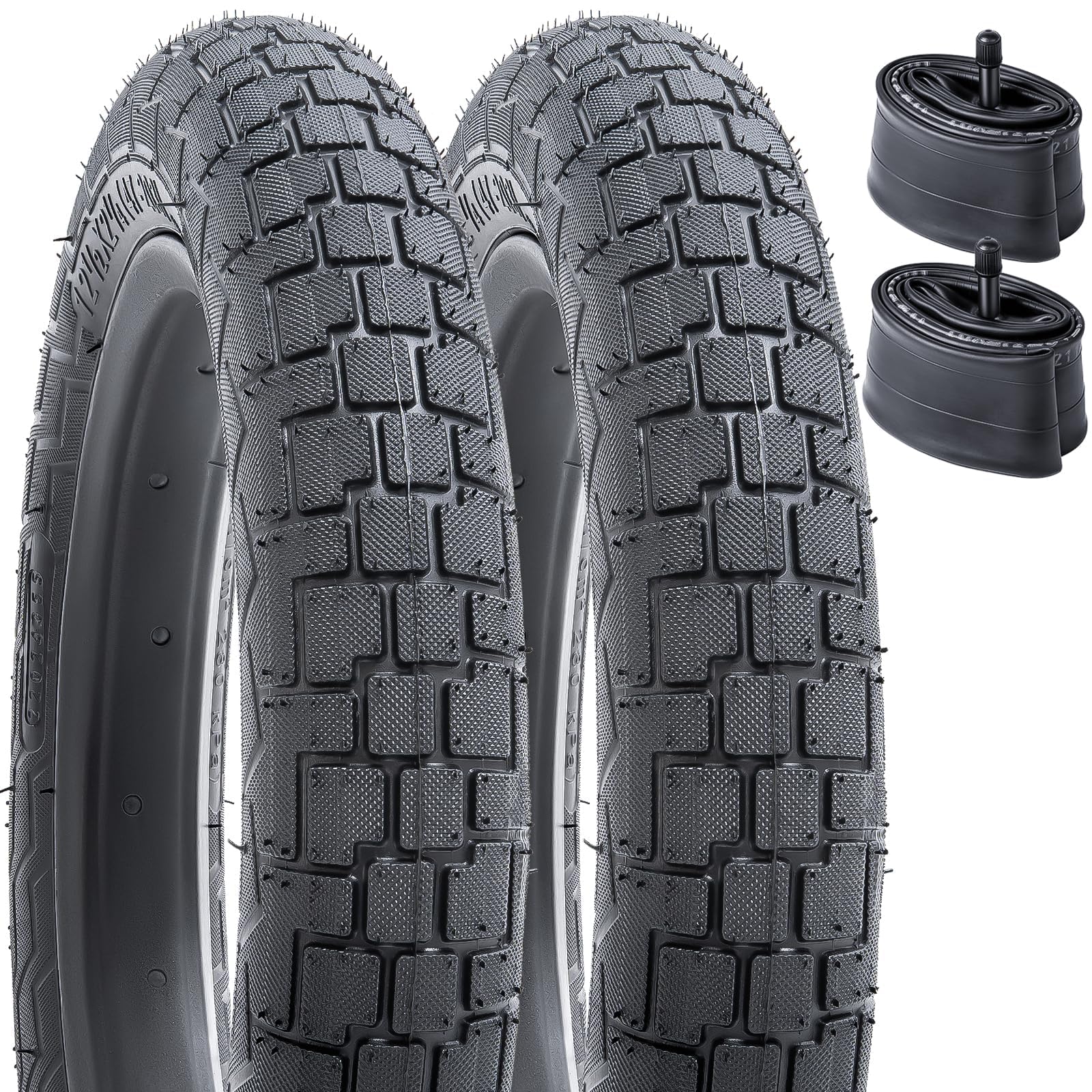 

YunSCM Set of 2, 12 1/2x2 1/4 Bicycle Tires and 12/12.5x1.75/2.25 Bicycle Tubes with 32mm Wall and Schrader Valves, Y-1113
