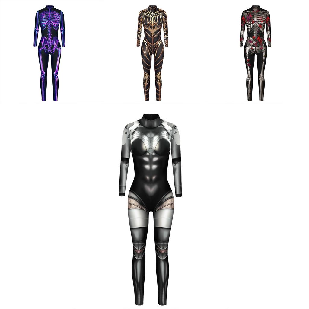 Metallic Skull Bodysuit With 3d Digital Print For Halloween Cosplay And Fantasy Dressup