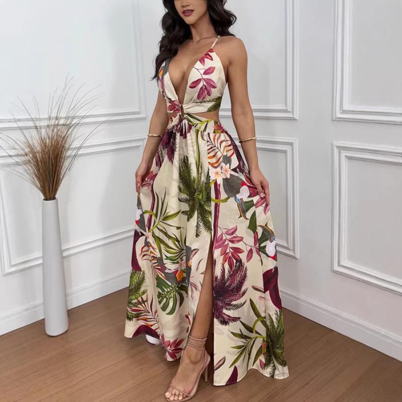 2026 Spring/Summer Women's Floral Split Dress - European & American INS Style for Vacations and Parties