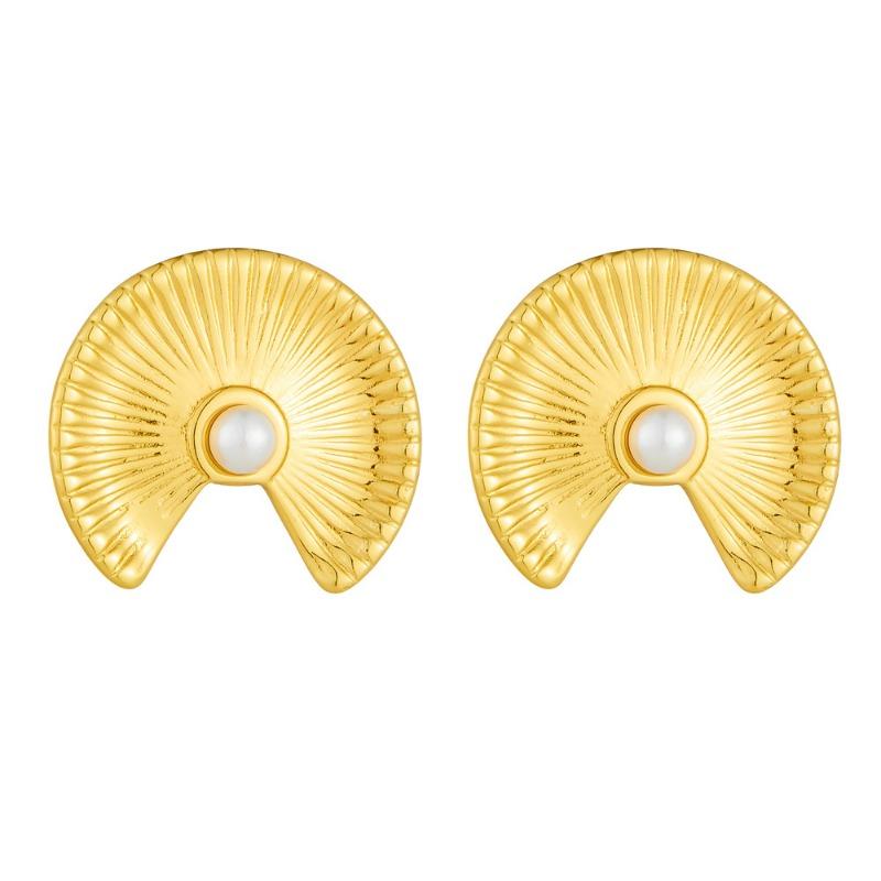 Gold Fan Shaped Stud Earrings with Pearl Center for Women