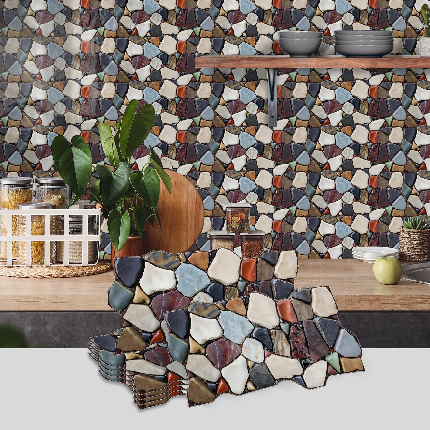 

Green Pebble Special-Shaped Retro Tile Sticker, Kitchen And Living Room Self-Adhesive Waterproof Pvc Wall Sticker 30CM*15CM*6PCS