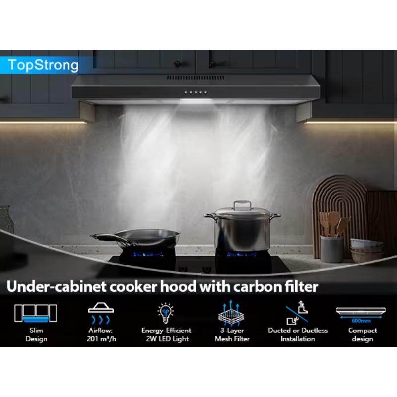 TopStrong 90cm Coifa de Exaustão com ou sem Duto Aço Inoxidável 3 Velocidades 800m³/h Luz LED Filtro de Carvão Ativado Montagem na Parede A+++ UE