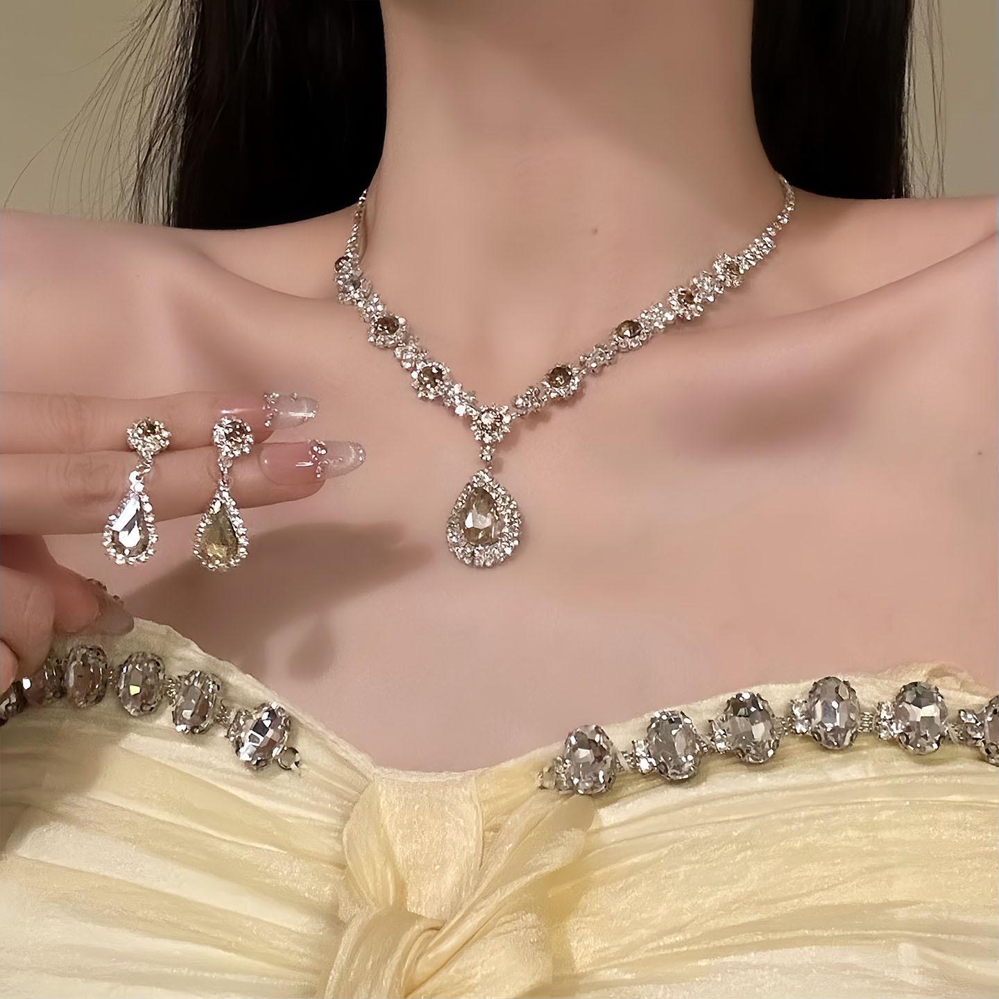French temperament diamond-encrusted water drop stud earrings necklace collarbone chain European and American jewelry set