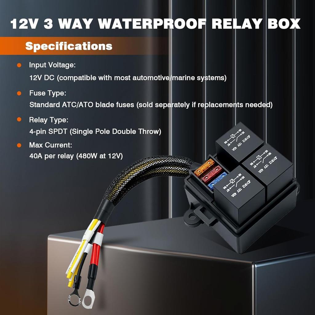 12V 3 Way Waterproof Relay Box Pre-Wired Fuse and Relay Box 3 Slot ATC/ATO Fuse Relay Block  Relay Panel for Automotive
