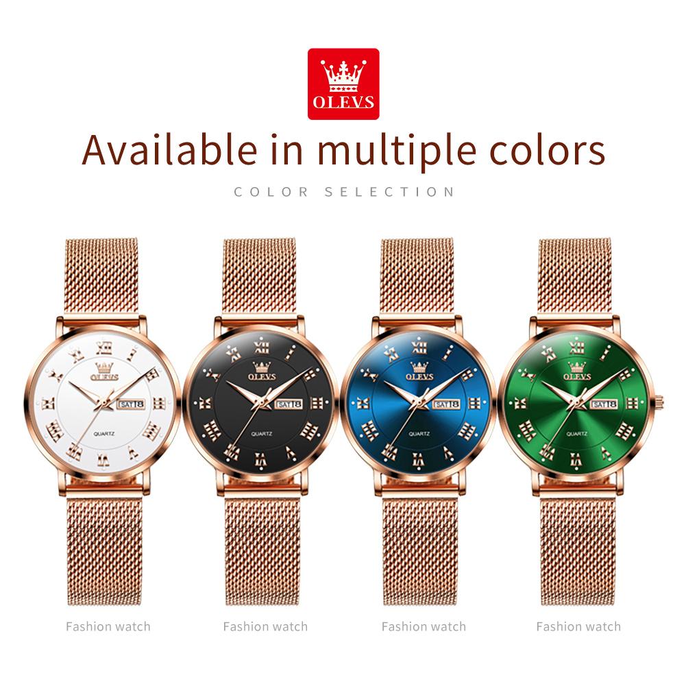 OLEVS Women's Watches Light Luxury Fashion Waterproof Stainless Steel Mesh Strap Original Quartz Wristwatch for Lady Luminous