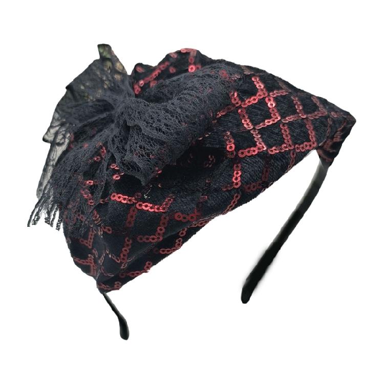 High Skull Hairhoop Lace Bowknot Sequined Hat Women Formal Event Hair Covering