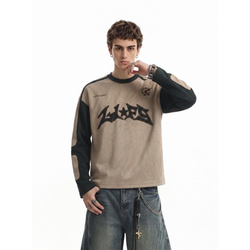 American High Street Men's Long Sleeve T-shirt Letter Color Block Suede Vintage Short Wide Top