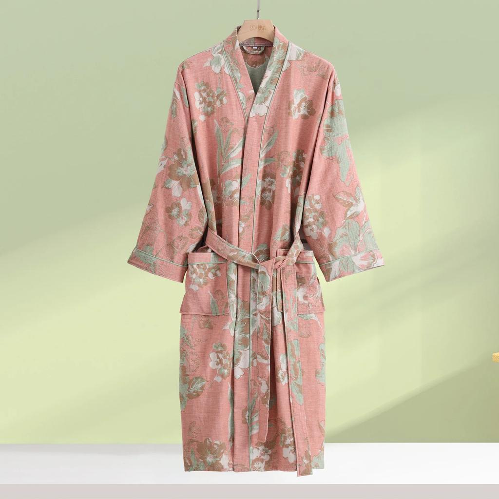 Print Flower Cotton Gauze Kimono Bathrobe Gown Female Robe Negligee Loose Home Dressing Gown Sleepwear Spring Summer Nightwear