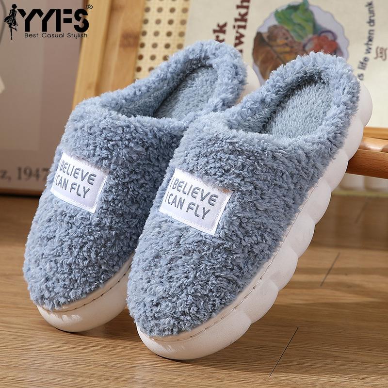 Women's and men's slippers with thick soles, home shoes for women, winter platform flip-flops, warm fluffy slippers, cotton shoes with fur