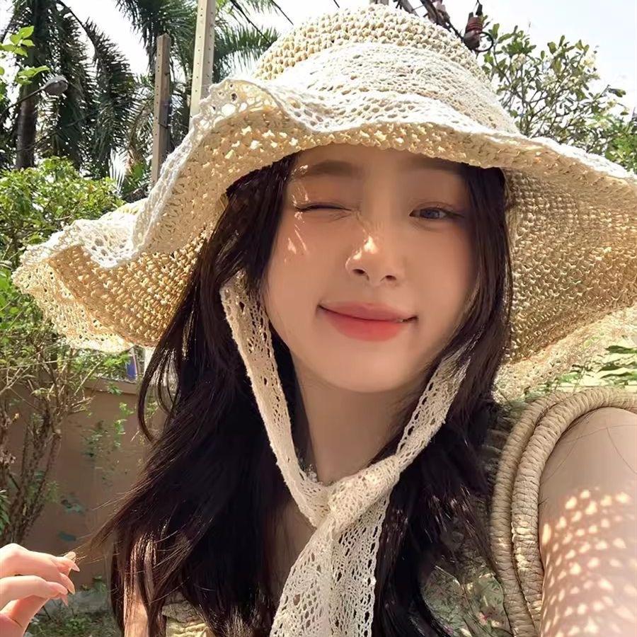 Women's Straw Beach Hat Ins Style Lace-Up Woven Hat Travel Sun Protection Beach Sun Hat Lace Visor Hat