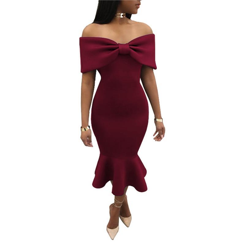 Evening dress temperament chest wrap bow fishtail dress autumn new women's clothing
