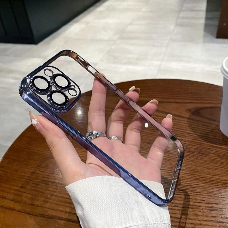 Luxusní pokovený průhledný silikonový kryt na telefon pro iPhone 16 15 14 13 12 11 Pro Max Plus X XR XS Mini kryt s ochranou objektivu zadní kryt