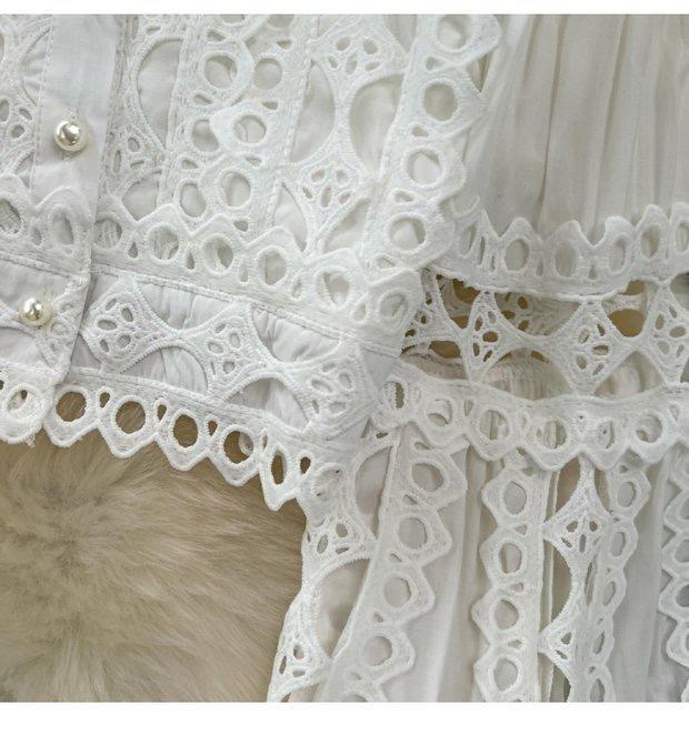 Damenmode Retro Hofstil Laternenkragen Hohlspitze Hohe Taille Rock Anzug