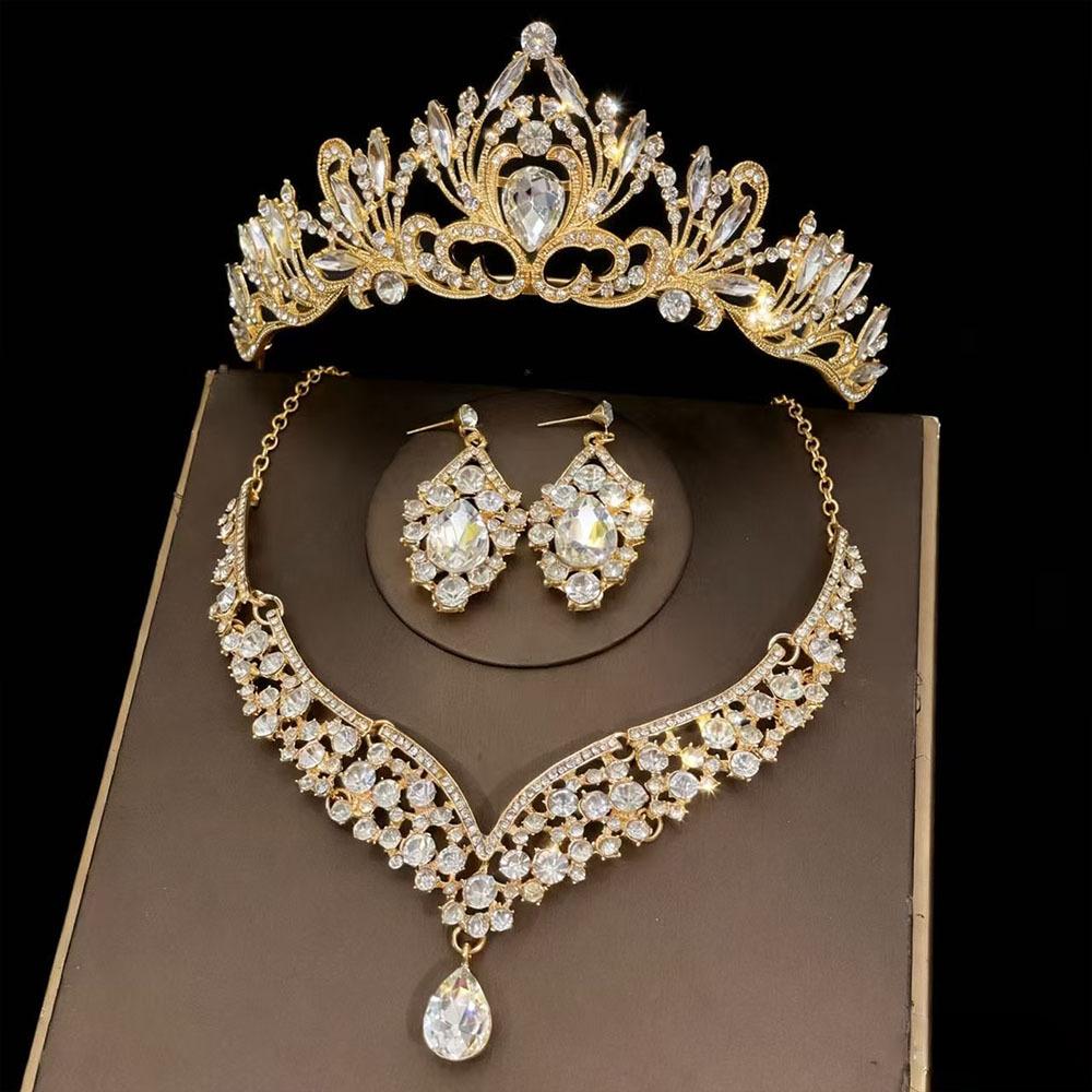 Luxurious Bride Accessories Three Piece Set Wedding Crown Headwear  Necklace Earrings Wedding Dress and Evening Gown Accessories