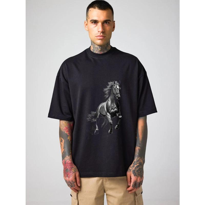 Oversized T Shirt Black Horse Graphic Print Men Casual Streetwear Fashion Top