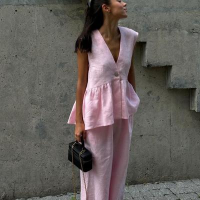 Letní šik dámská souprava Jednobarevná Bavlněná Lněná Dvoudílná souprava Módní Volánky Bezrukávový tílko s Širokými kalhotami Outfit Dámský