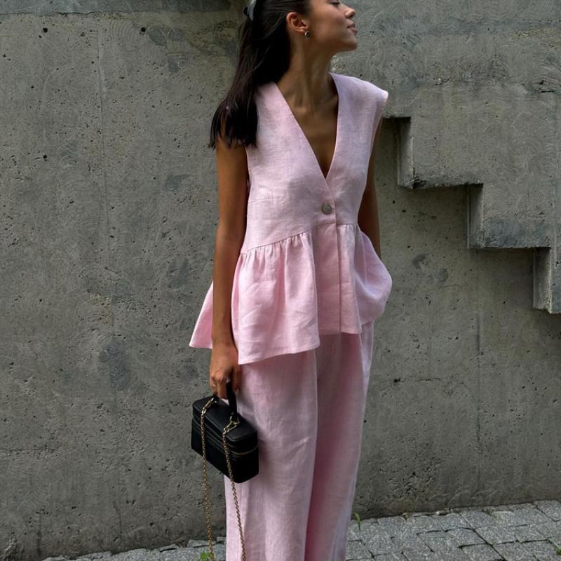 Summer Chic Women'S Set Solid Color Cotton Linen Two Piece Set Fashion Ruffles Sleeveless Tank Top With Wide Pants Outfit Female