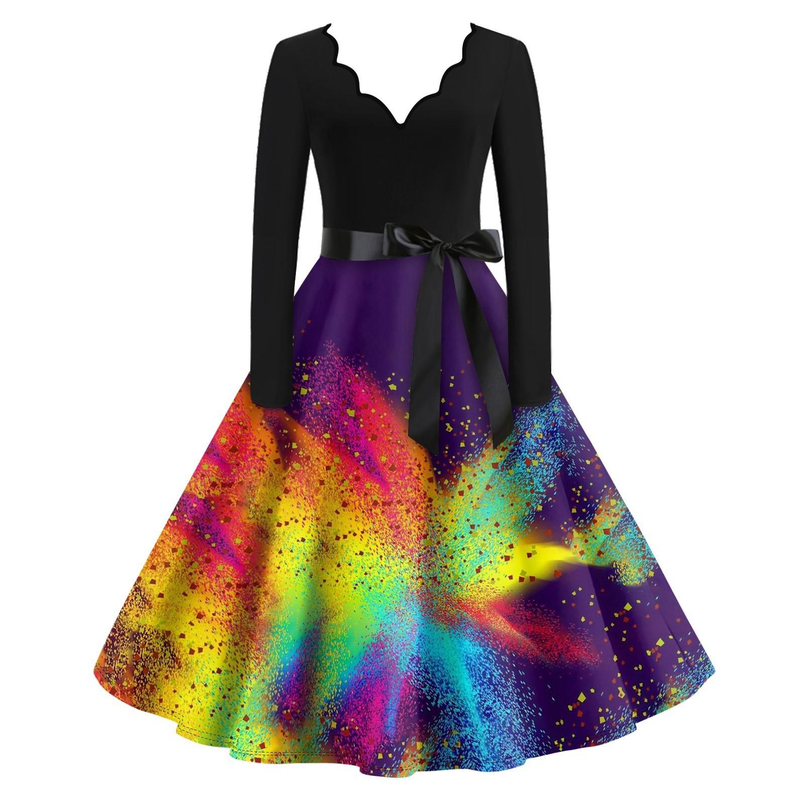 

Женское повседневное модное платье с V-образным вырезом и длинным рукавом с принтом в винтажном стиле XL шафрановый