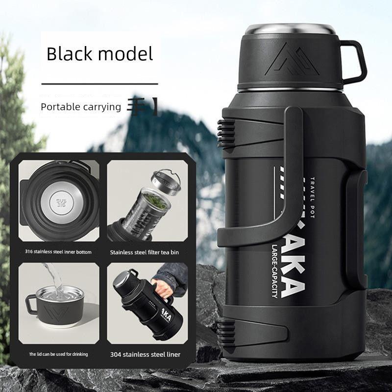 Large Capacity Thermos Cup, Thermos Pot, Travel Pot, Stainless Steel Household Thermos and Cold Water Bottle for Men and Women, 2L3L Manufacturer Black