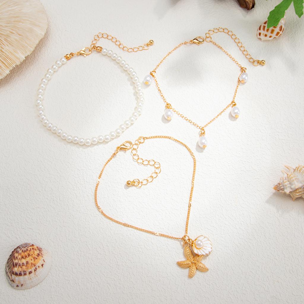 Salircon 3Pcs/Set Boho Bohemian Sea Starfish Conch Pendant Foot Chain Fashion Imitation Pearl Beaded Anklet Summer Beach Jewelry