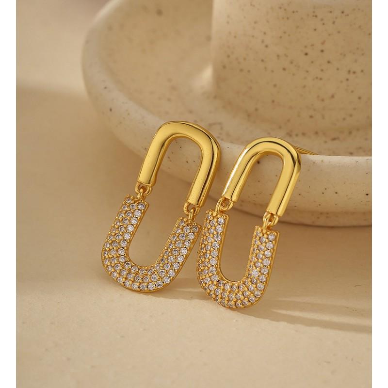 U-Shaped Stud Earrings With Full Crystal Pave Oval Design Sterling Gold Plated Minimalist Chic Women