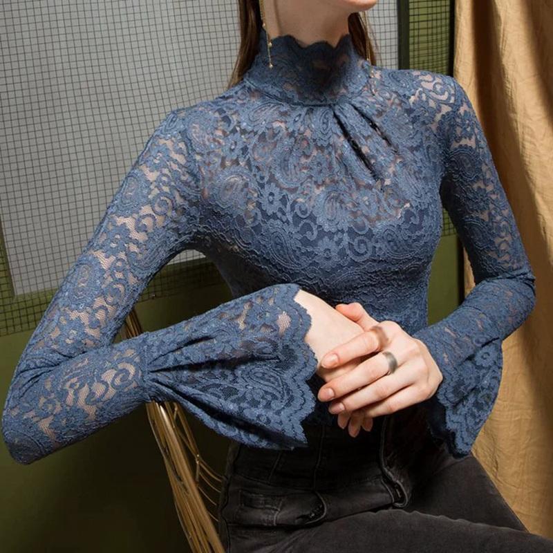 Women's Flower Lace Turtleneck Mesh Top Elegant Pullover