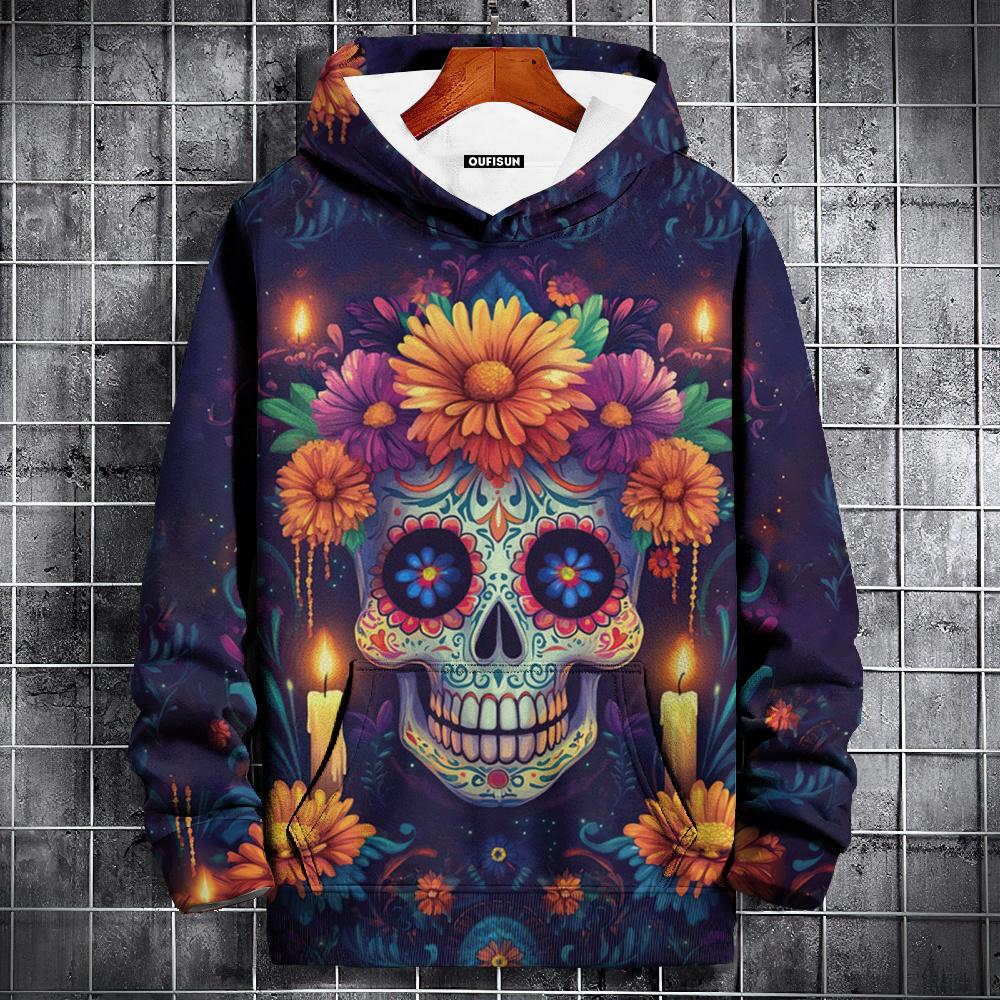 Herren Kapuzenpullover mit 3D-Totenkopf-Print, Kapuzenpullover, modische Straßenkleidung zum Tag der Toten, langärmeliges Oberteil, übergroßer Pullover