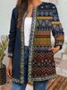 Women's Crew Neck Long Sleeve Cardigan Oversized Vintage Ethnic Print Plus Size Open Front Jacket Casual Outerwear
