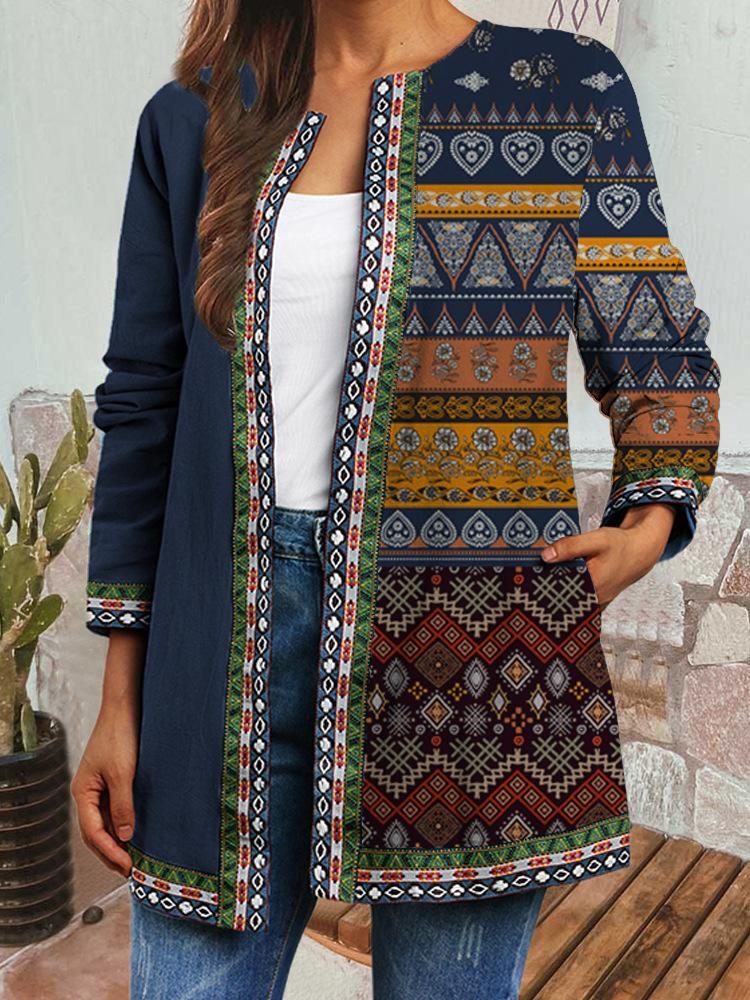 Women's Crew Neck Long Sleeve Cardigan Oversized Vintage Ethnic Print Plus Size Open Front Jacket Casual Outerwear
