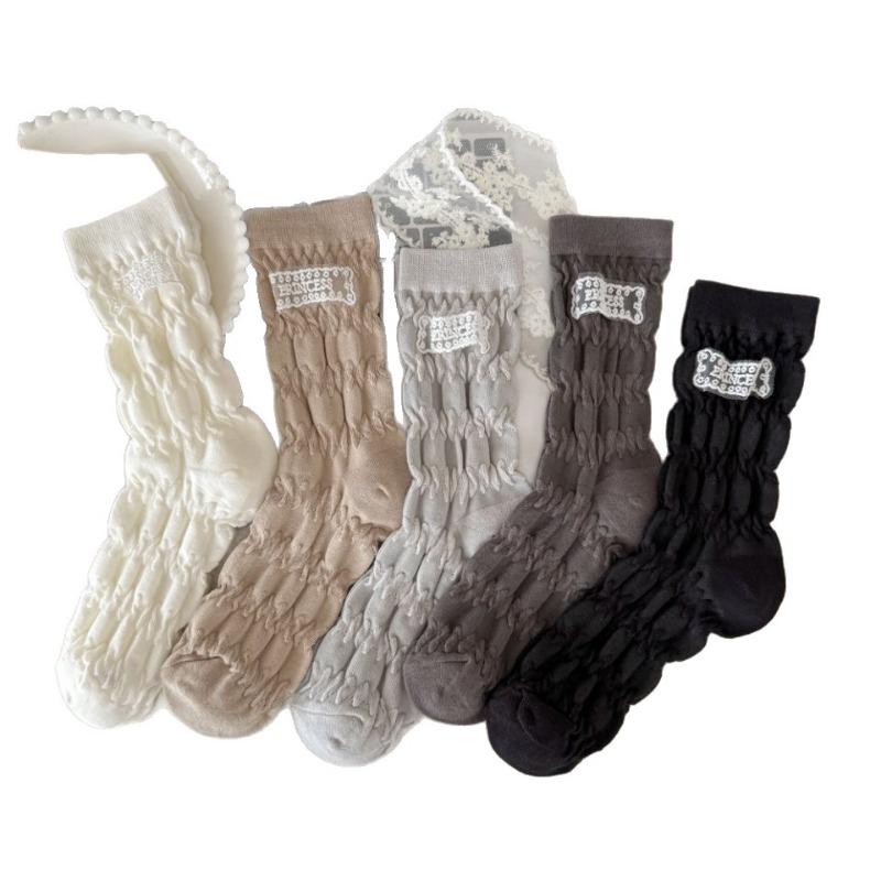 Lace Fabric Label Pleated Bubble Mid-calf Socks, Women's Three-dimensional Trendy Socks, College Style Pile Socks