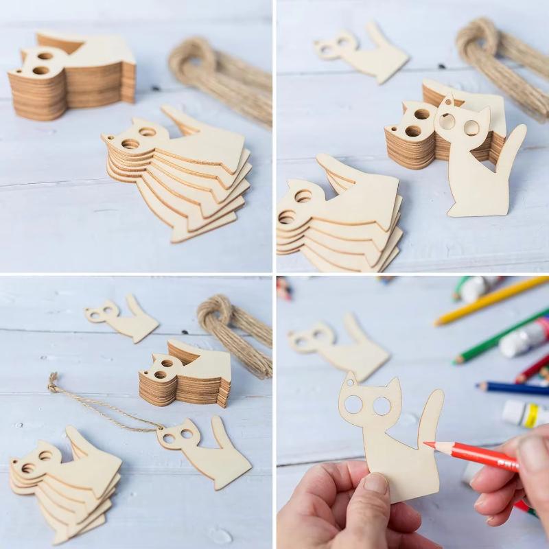 10pcs Unfinished Wooden Cat Cutouts With Holes Blank Natural Cartoon Tags Ornaments Pendants DIY Arts Crafts Party Decorations
