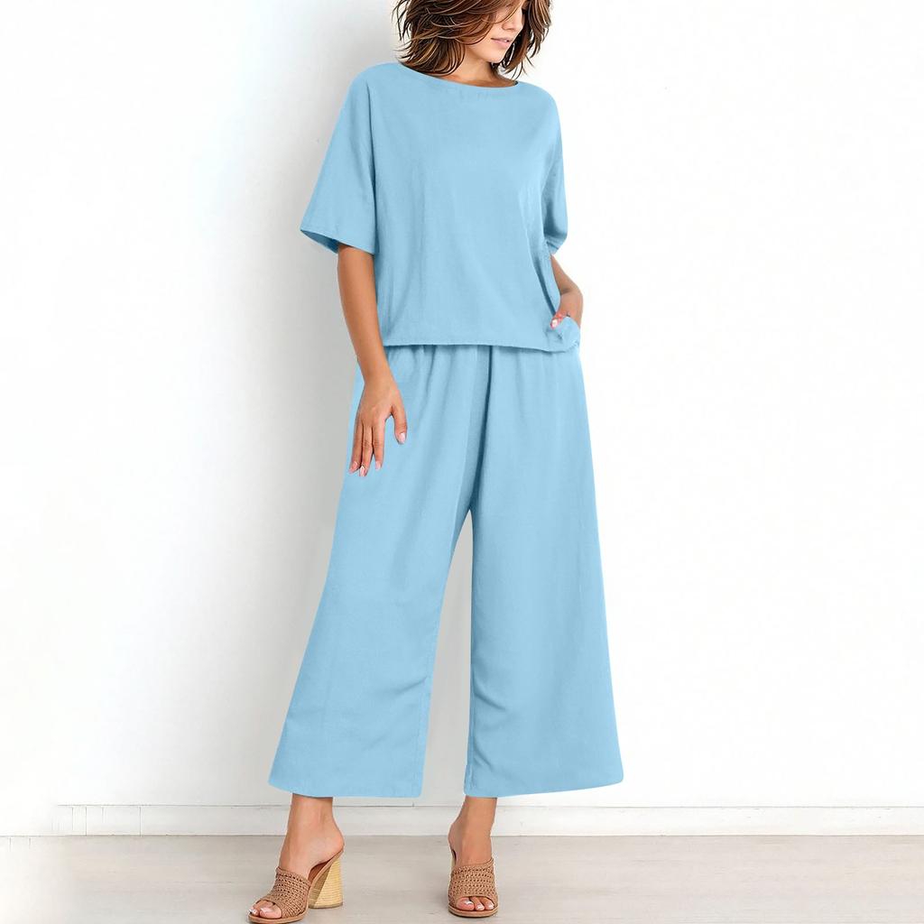 Women's Casual Fashion Sexy Long And Short Sleeve Pullover Shirt Round Neck Literary Retro Color Casual Split Suit