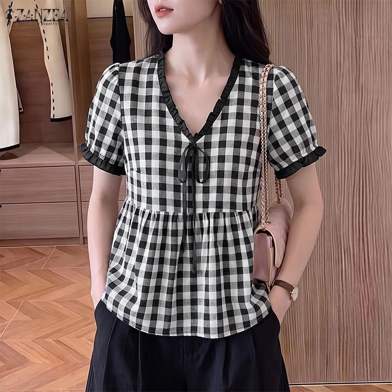 ZANZEA Women Summer Casual V-Neck Plaid Print Short Sleeve Blouse