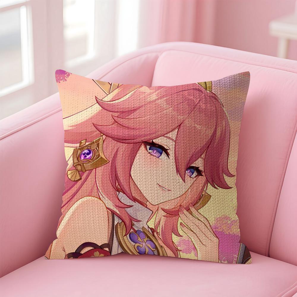 Genshin Impact Yae Miko Cushion Cover Natural Linen Pillow Case Double-Sided Print Decorative Sofa Pillowcase Home Decor Gift