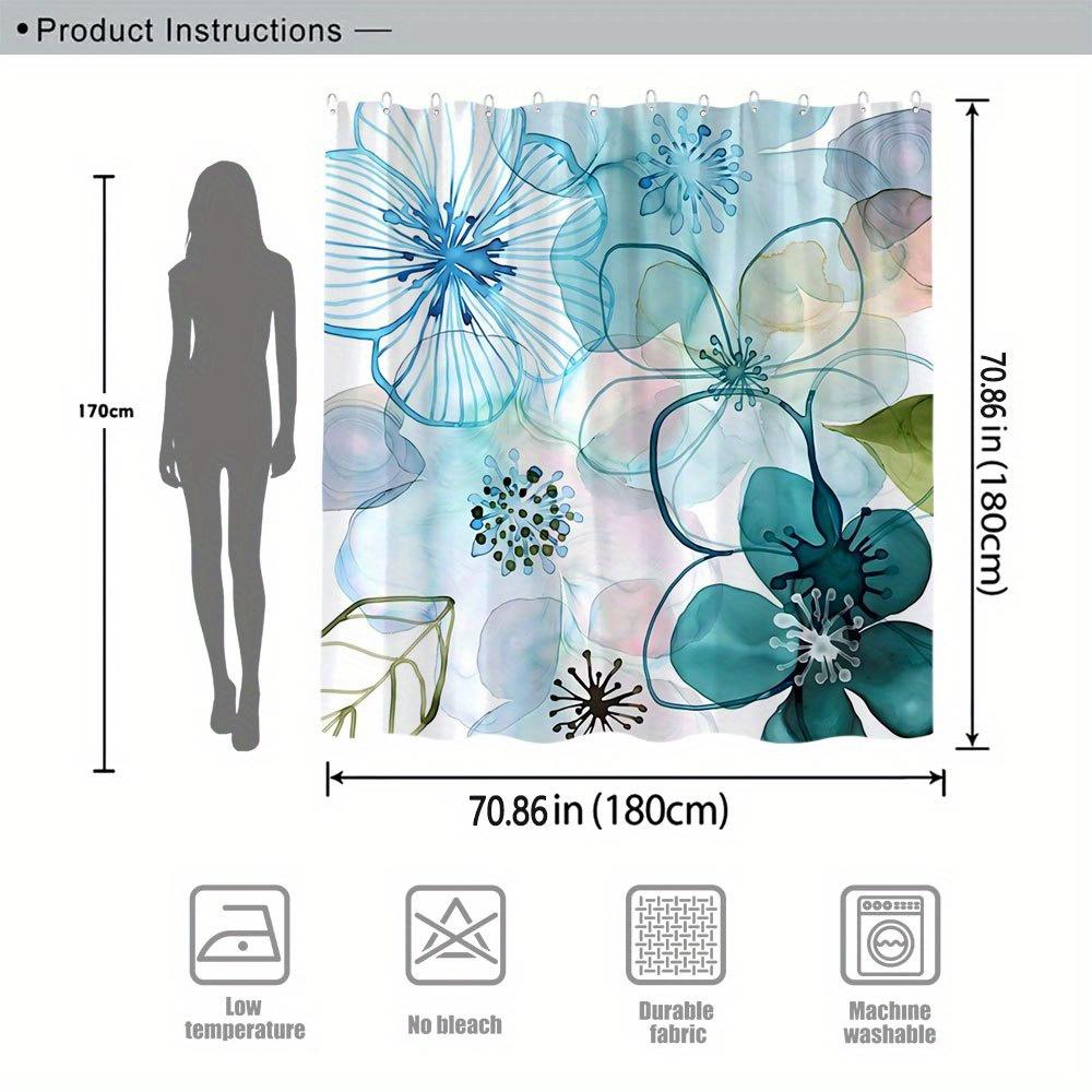 1pc Abstract Floral Shower Curtain - Blue, Teal, Green Flowers, Modern Design, Polyester, 70x70In, 12 Hooks, Washable