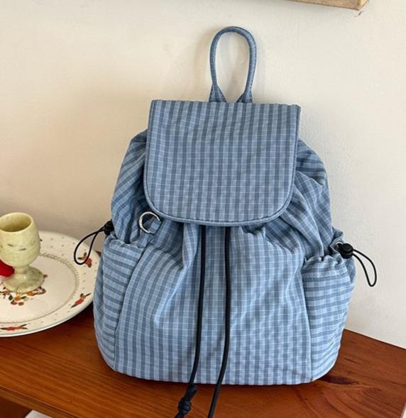 

2026 New Plaid Drawstring Backpack, Large Capacity Student Backpack, Lightweight Nyl Backpack, Fashiable Casual Women s Bag синий