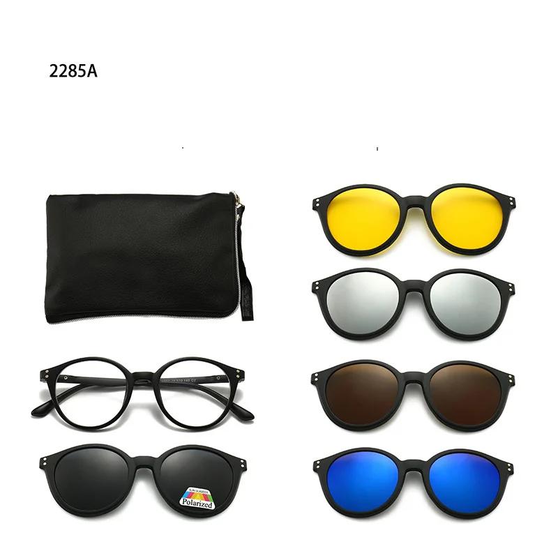 6 In 1 Spectacle Frame Men Women With 5 Pcs Clip On Polarized Sunglasses Magnetic Glasses Male Computer Optical 2201