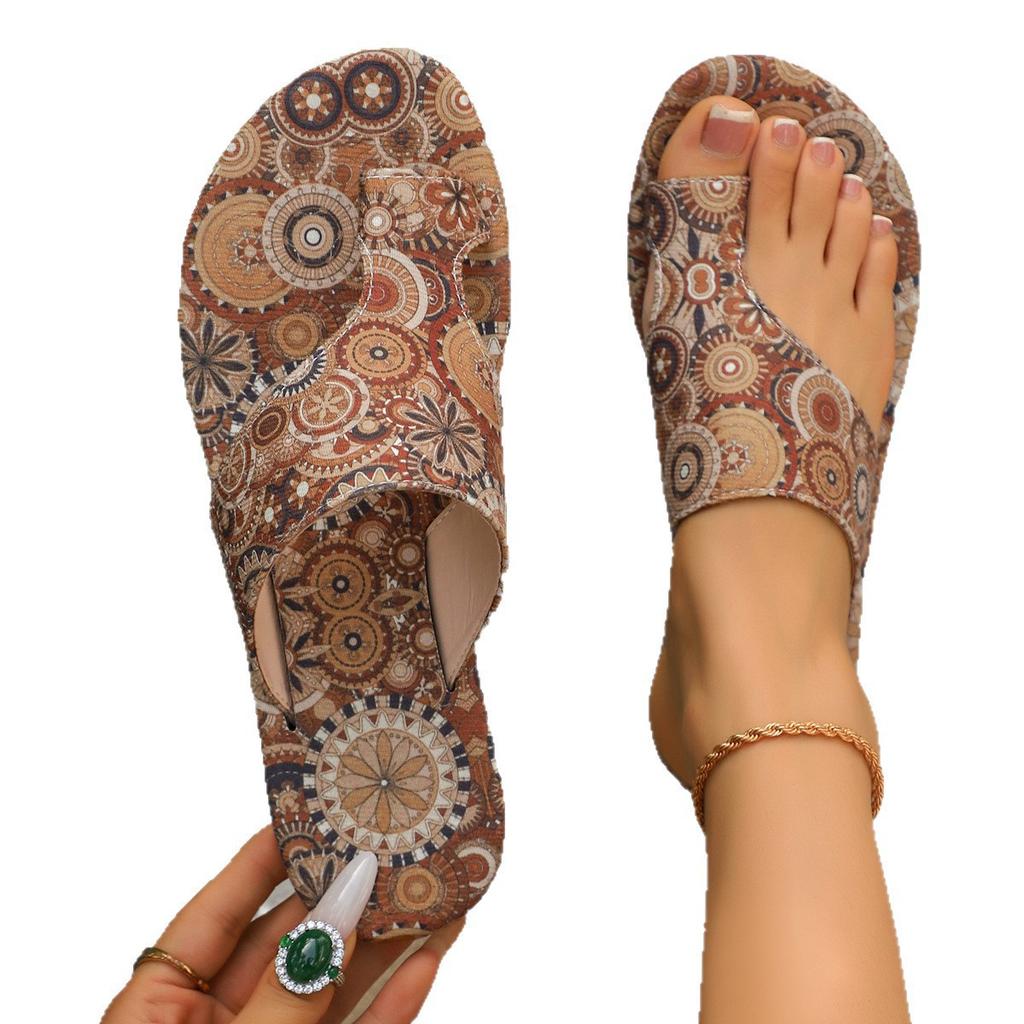 Large size slippers women's ethnic style 2025 summer new breathable printing set toe Roman style cool slippers women