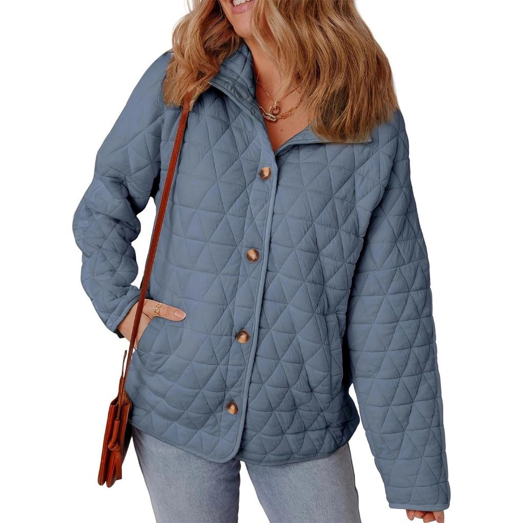 Fall Winter New Women's Loose Solid Color Quilted Crew Neck Cotton Padded Jacket European American Style Casual Outerwear Wholesale