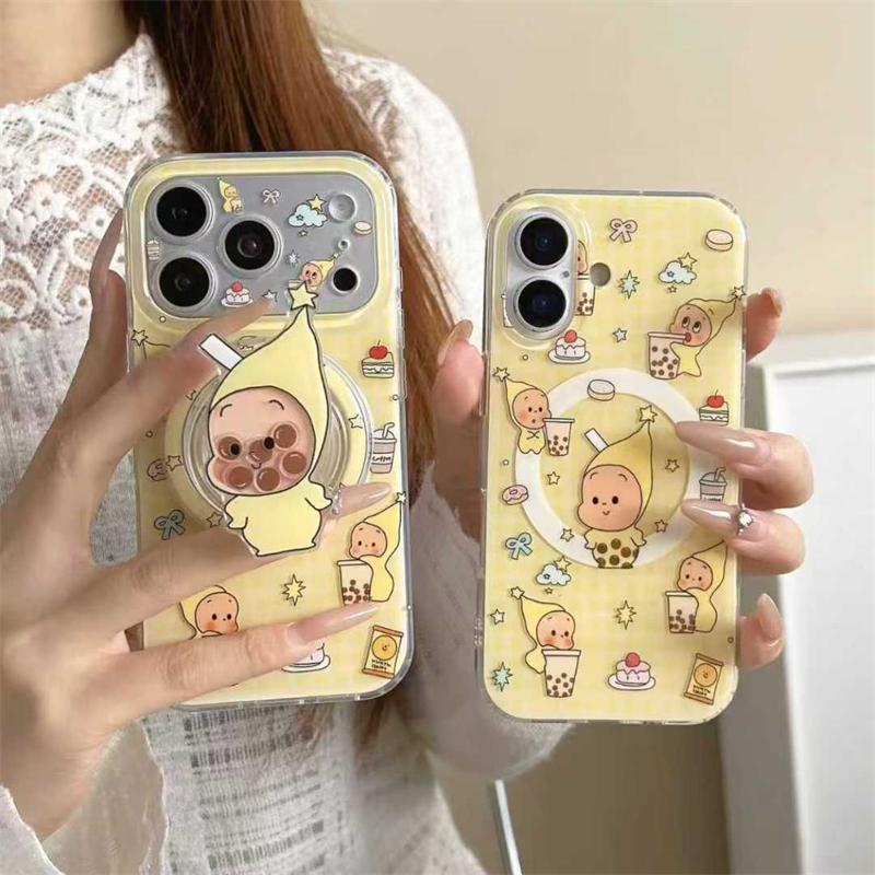 Kawaii Cartoon Star Baby Magnetic Phone Case For iPhone 17 Pro 15 14 16 Pro Max Cover with Shaking Stand For Magsafe Case