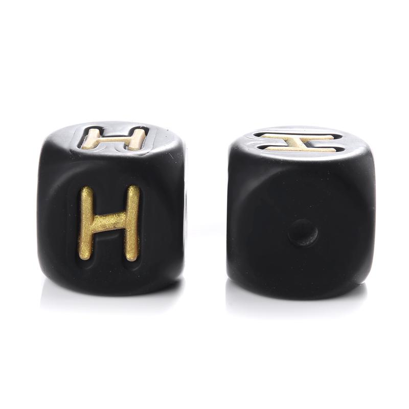 12mm 10Pcs Silicone Black+Gold Letters Beads English Alphabet Letter Beads for Baby Teething Teethers Shower Gifts BPA Free